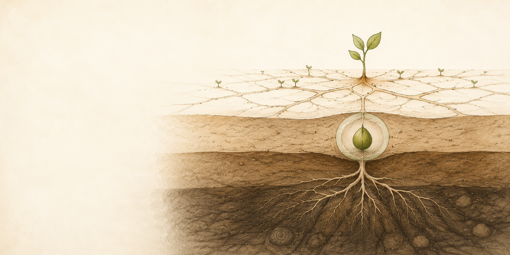 A quiet hand-drawn image of a small living structure with roots and open paths, suggesting ideas becoming durable without losing their life.