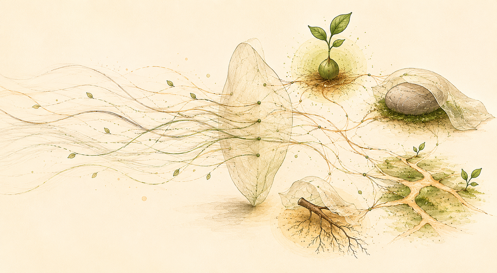 A quiet hand-drawn image of conversation-like lines becoming small reusable living traces, suggesting memory that can be carried forward without exposing everything.