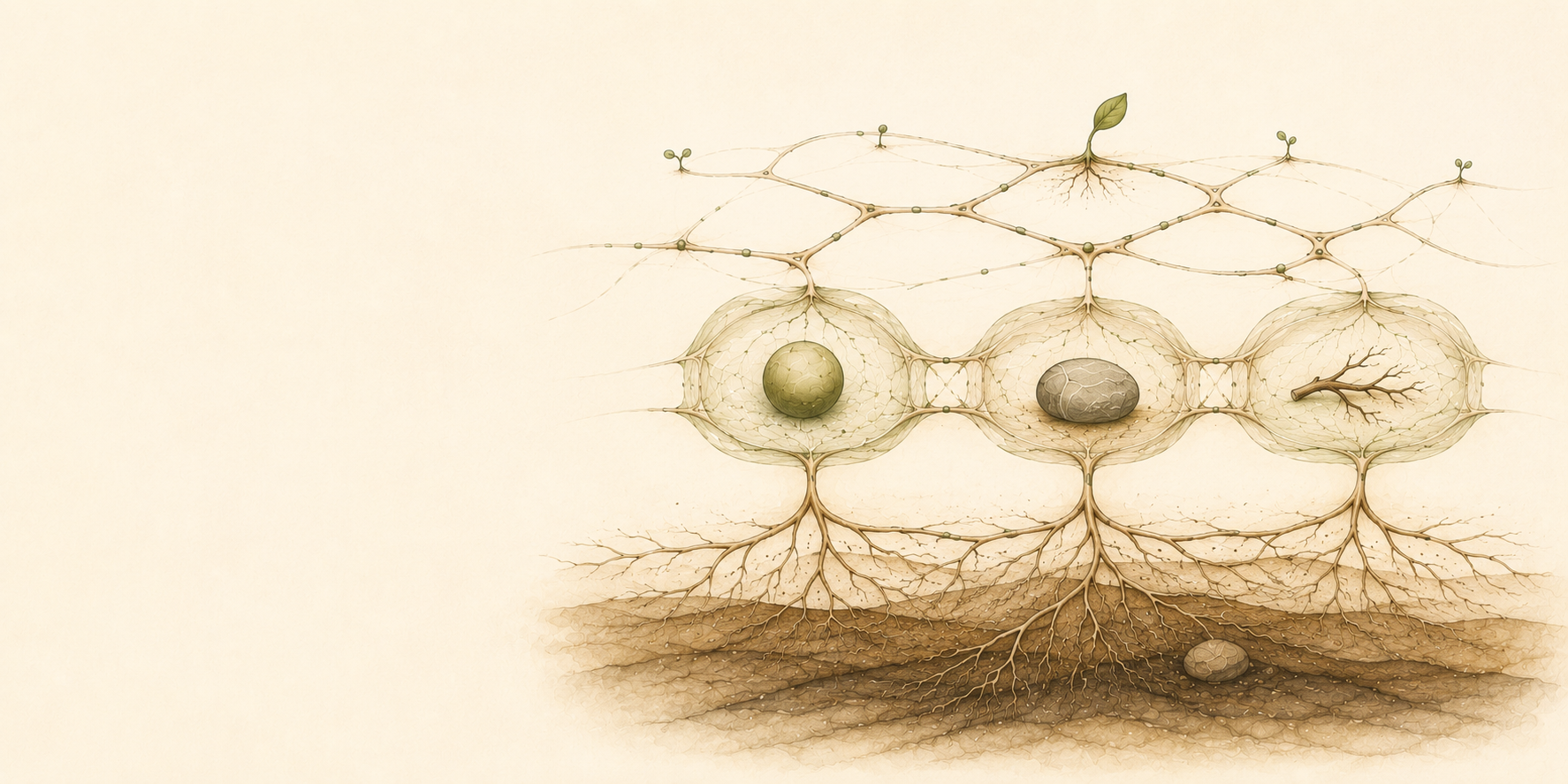 A hand-drawn modular image of open paths, protected chambers, and roots, suggesting a method that can be public while some content remains private.