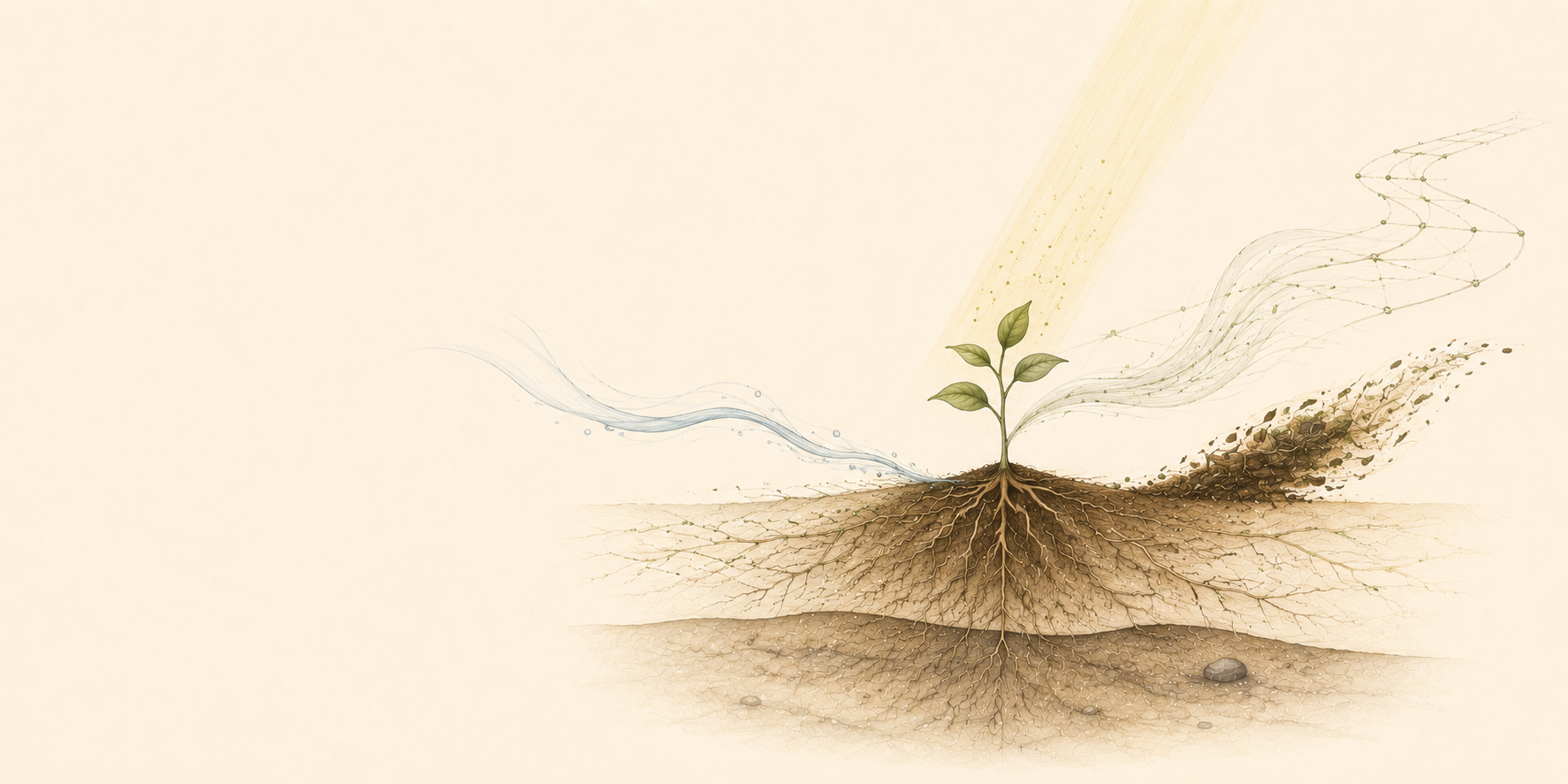 A quiet hand-drawn image of a small plant supported by water, light, soil, shared roots, and an open path, suggesting care that helps work continue.
